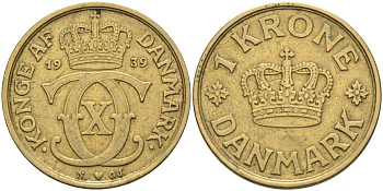 Дания 1 крона 1939 HCN; GJ, Кристиан X (1912-1947) KM 824.2 алюминиевая бронза 4587-1115