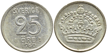 Швеция 25 эре 1960 TS, Густав VI Адольф (1950-1973) KM 824 серебро 4396-522