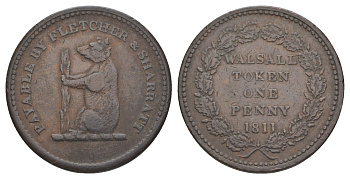Великобритания, Стаффордшир 1 пенни 1811 компания Fletcher & Sharratt, гурт гладкий, токен Withers 1146 медь 3711-422