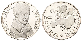 Италия медаль "Евро-Доллар" 1972 Авиация – Воздушный шар, первая фантазия на тему того как может выглядеть будущая единая европейская монета, диаметр 38 мм, вес 28 гр Kai 185a серебро PROOF 5010-1644