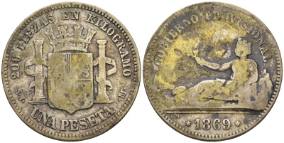Испания 1 песета 1869 (69) SN-M KM 652 (Y-A55) серебро 4591-644