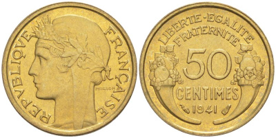 ФРАНЦИЯ 50 САНТИМОВ 1941 ТИП MORLON KM 894.1, LE FRANC 192.18 алюминиевая бронза 44-556