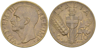 ИТАЛИЯ 10 ЧЕНТЕЗИМО 1940 R, ГОД XVIII, ВИКТОР ЭММАНУИЛ III (1900-1946) KM 74a, VEM3. 0985 алюминиевая бронза 3853-246