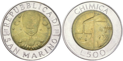 Сан-Марино 500 лир 1998 KM 383 биметалл UNC 4148-846