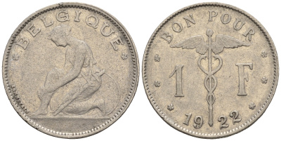 Бельгия 1 франк 1922 Belgique, Альберт I (1910-1934) KM 89 никель 85-425