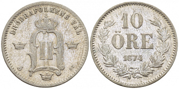 Швеция 10 эре 1874 ST, Оскар II (1872-1907) король Швеции и Норвегии KM 7937 (517) серебро 1515-625