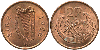 Ирландия 2 пенса 1986 виньетка в виде стилизованной птицы из второй библии Карла II Лысого KM 21 бронза aUNC 4390-153