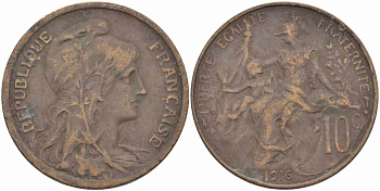 ФРАНЦИЯ 10 САНТИМОВ 1916 ТИП ДАНИЭЛЬ ДЮПЮИ, INCLUS KM 843, LA FRANC 136.28 бронза 109-422