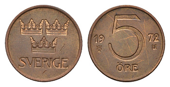 Швеция 5 эре 1972 Густав VI Адольф (1950-1973) KM 845 бронза 116-812