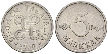 Финляндия 5 марок 1960 KM 37a железо плакированная никелем 4169-334
