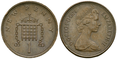 Великобритания 1 пенни 1974 Елизавета II (1952-2022) KM 915, Spink 4237 (B1) бронза 4167-1217