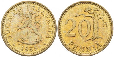 ФИНЛЯНДИЯ 20 ПЕННИ 1989 M KM 47 алюминиевая бронза 3457-842