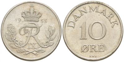 ДАНИЯ 10 ЭРЕ 1955 N; S, ФРЕДЕРИК IX (1947-1972) KM 841.1 медно-никель 3996-1049