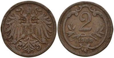 Австрия 2 геллера 1909 Франц Иосиф I (1848-1916) (1846-1918) KM 2801 бронза 4158-635