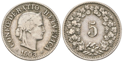 Швейцария 5 раппенов 1903 B KM 26 медно-никель 4160-132
