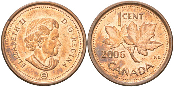 Канада 1 цент 2006 Елизавета II, кленовый лист KM 490a сталь плакированная медью 4611-461