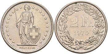 ШВЕЙЦАРИЯ 2 ФРАНКА 1976 КМ 21а медно-никель 4572-546