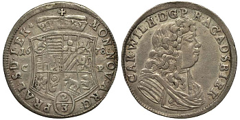 Ангальт-Цербст 2/3 талера 1678 CP, Карл Вильгельм (1667-1718), над датой нет орнамента KM 19.6, Mann 252 s, Davenport 202 серебро 00-000-00