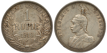 Немецкая Восточная Африка (Танзания) 1 рупия 1910 J - OST-AFRICA Jaeger 722, KM 10 серебро 5010-625