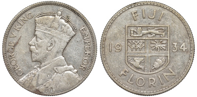 Фиджи 1 флорин 1934 Георг V (1910-1936), герб Фиджи KM 5 серебро    91-1211