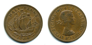 Великобритания 1/2 пенни 1964 Елизавета II (1952-2022) KM 896, Spink 4158 бронза 56-922