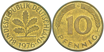 ФРГ 10 ПФЕННИГОВ 1976 G KM 108, J. 383 сталь плакированная латунью 219-513