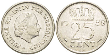 НИДЕРЛАНДЫ 25 ЦЕНТОВ 1958 ЮЛИАНА (1948-1980) KM 183 никель 214-929
