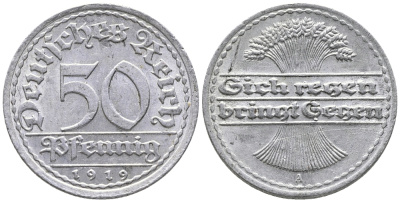 ГЕРМАНИЯ 50 ПФЕННИГОВ 1919 A KM 27, J. 301 алюминий 24-927