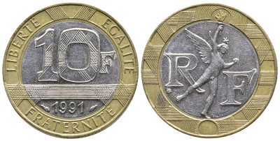 Франция 10 франков 1991 тип гений Бастилии KM 964.1, Le Frank 375.6 биметалл 93-1441