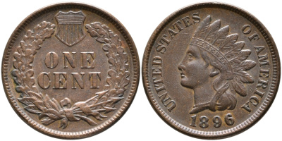 США 1 ЦЕНТ 1896 ИНДЕЕЦ, INDIAN HEAD, AU53 KM 90a бронза 3896-312