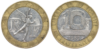 Франция 10 франков 1989 тип гений Бастилии KM 964.1, Le Franc 375.3 биметалл 45-612