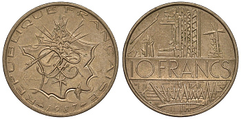 Франция 10 франков 1987 тип Матье KM 940, Le Franc 365.27-28 никель латунь 4123-626