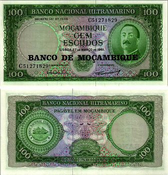 Мозамбик 100 эскудо 1961 (1976) надпечатка на 1961, Айрес де Орнелас  Pick 117 a бумага UNC (пресс) 7116-48-1-1