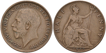 Великобритания 1/2 пенни 1920 Георг V (1910-1936) KM 809, Spink 4056 бронза 4589-922