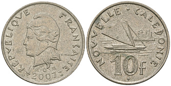 Французская Новая Каледония 10 франков 2007 рыбачья парусная лодка, (IEOM) KM 11a, Schoen 13a, Lec 99k медно-никель 58-451