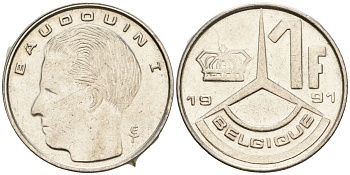 Бельгия 1 франк 1991 Belgique, Бодуэн I (1951-1993) KM 170 нержавеющая сталь 4608-436