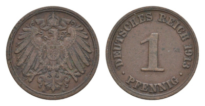 Германия 1 пфенниг 1913 A, Вильгельм II (1888-1918) KM 10, J. 10 медь 4639-1148