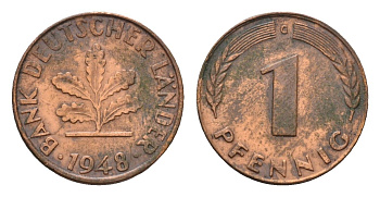 ФРГ 1 пфенниг 1948 G KM A101, J. 376 сталь плакированная медью 4630-267