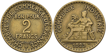 Франция 2 франка 1923 Третья республика (1871-1940) KM 877, Le Franc 267.7 алюминиевая бронза 4144-316