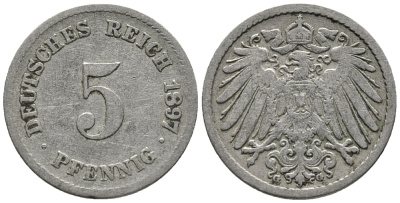 ГЕРМАНИЯ 5 ПФЕННИГОВ 1897 G KM 11, J. 12 медно-никель 39-725