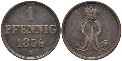 ГАННОВЕР 1 ПФЕННИГ 1856 В, ГЕОРГ V (1851-1866) KM 221 медь 4398-621
