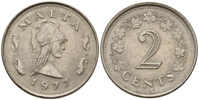 Мальта 2 цента 1977 Пентесилея, царица амазонок KM 9 медь цинк 4154-724