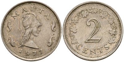 Мальта 2 цента 1977 Пентесилея, царица амазонок KM 9 медь цинк 4154-722