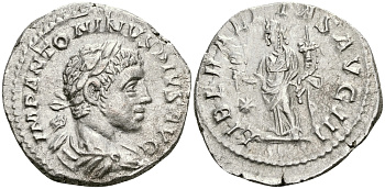 Римская Империя денарий 218 - 222 Элагабал LIBERALITAS AVG III Либералитата, персонификация Щедрости Рим Good Very fine RIC 103 серебро 00-00-00