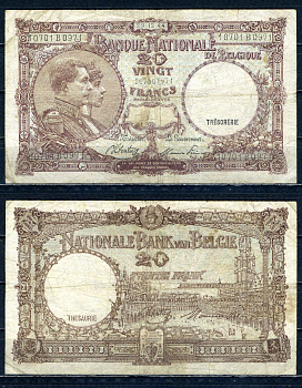 Бельгия 20 франков 1944 29.12.1944, Король Альберт I и его жена Королева Елизавета, Гран-Плас / Гроте Маркт, Брюссель Pick 111 (3) бумага 6301-11-2-1