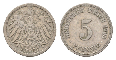 Германия 5 пфеннигов 1903 A, Вильгельм II (1888-1918) KM 11, J. 12 медно-никель 4632-1258
