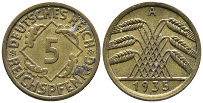 ГЕРМАНИЯ 5 РЕЙХСПФЕННИГОВ 1935 A KM 39, J. 316 алюминиевая бронза 39-569