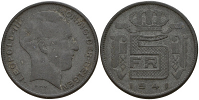 Бельгия 5 франков 1941 DES BELGEN, Леопольд III (1934-1947) KM 129 цинк 4161-926