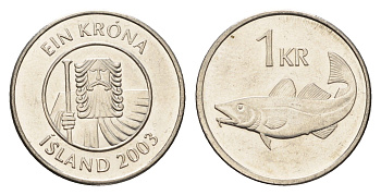 Исландия 1 крона 2003 треска KM 27a сталь плакированная никелем UNC 4687-857