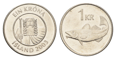 Исландия 1 крона 2003 треска KM 27a сталь плакированная никелем UNC 4687-857
